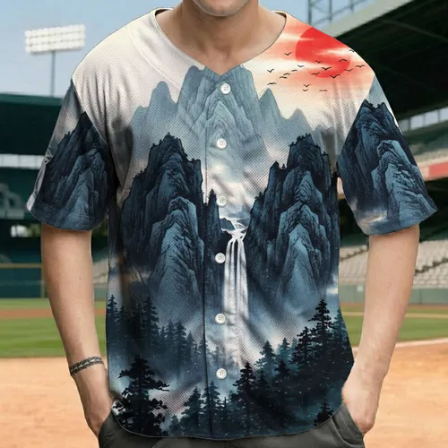 Mountain Waterfall Pine Forest Sun Birds - Nature Lover Gift Baseball Jersey