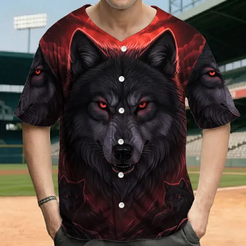 Wolf Head Red Moon Craggy Rocks Night Sky - Wildlife Lover Gift for Wolf Fans Baseball Jersey