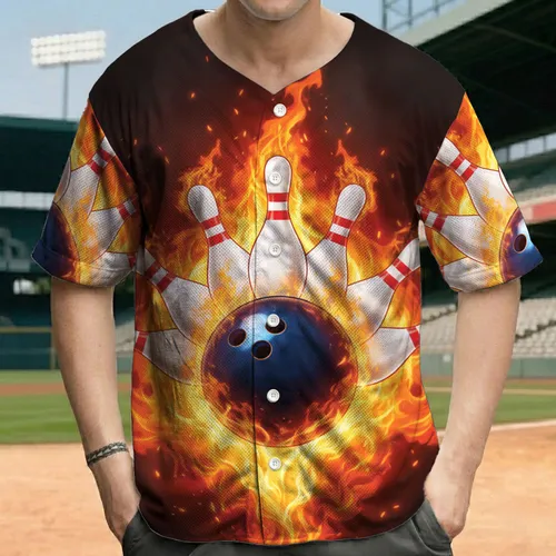 Dark Blue Bowling Ball Red Striped Pins Fiery Flames - Bowling Game Night Gift Baseball Jersey