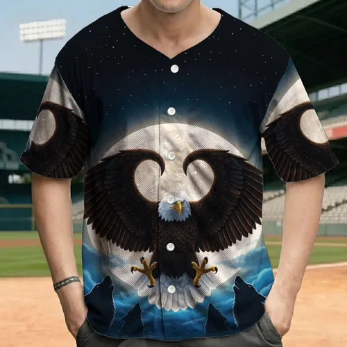 Soaring Bald Eagle Outstretched Wings Wolves Night Forest - Wildlife Lover Gift Baseball Jersey