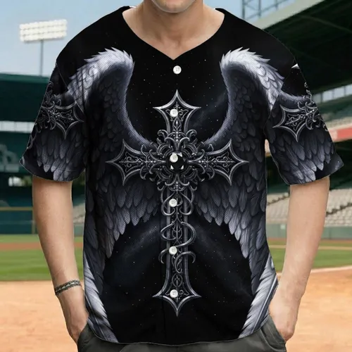 Ornate Silver Black Gemstone Gothic Cross Angel Wings Dark Fantasy Lover Gift Baseball Jersey