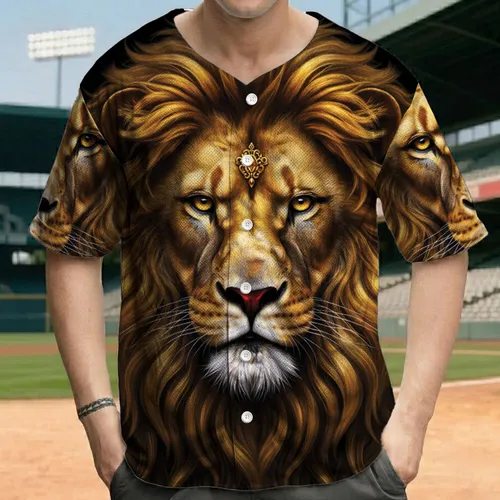 Golden Lion Head, Ornate Forehead Jewel, Voluminous Wavy Mane - Wildlife Lover Gift Baseball Jersey