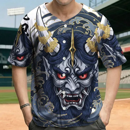 Japanese Oni Demon Face Gold Horns Dagger Waves Kanji - Mythology Fan Gift Baseball Jersey