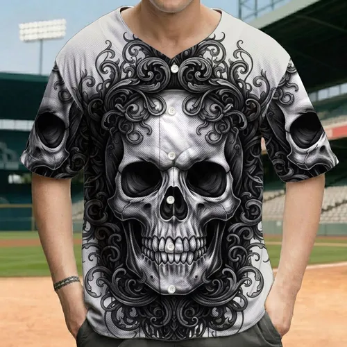 Realistic Human Skull Prominent Teeth Swirling Organic Dripping Tendrils - Statement Apparel Baseball Jersey