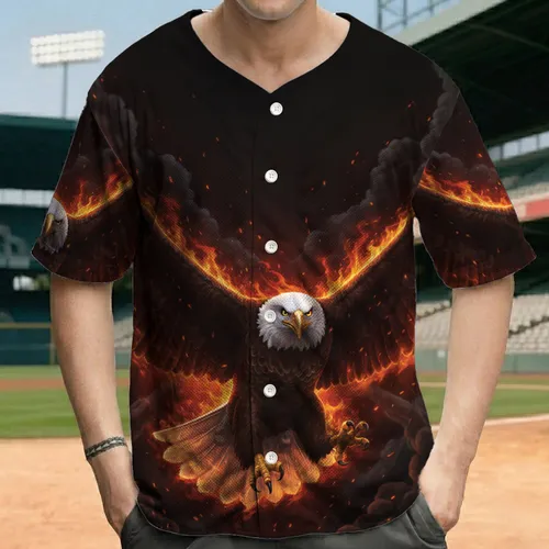 Bald Eagle White Head Orange Red Flames Smoke Background - Wildlife Lover Gift Baseball Jersey