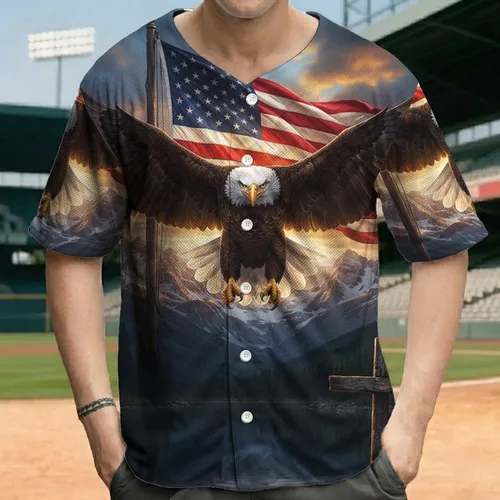 Bald Eagle American Flag Cross - Independence Day Gift for Veterans Baseball Jersey