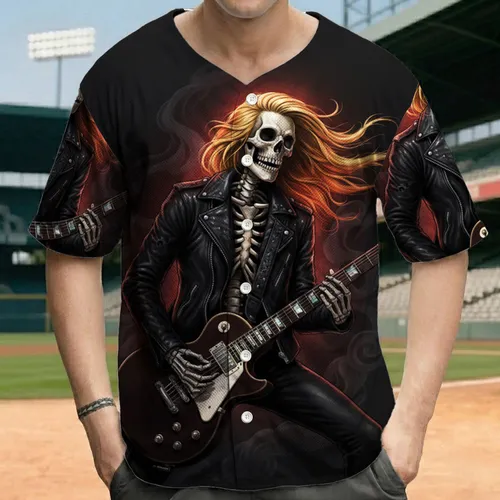Blonde Orange Hair Skeleton Electric Guitarist Music Festival Gift for Concert Goer Baseball Jersey