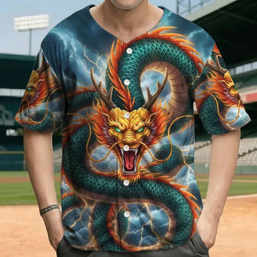 Golden Roaring Chinese Dragon Stormy Sky - Fantasy Lover Gift Baseball Jersey
