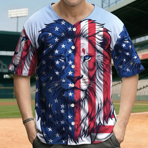 Lion American Flag Stars Stripes - Independence Day Gift for Veterans Baseball Jersey
