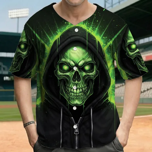 Menacing Glowing Neon Green Skull Hooded Sweatshirt - Dark Aesthetic Style Gift Baseball Jersey