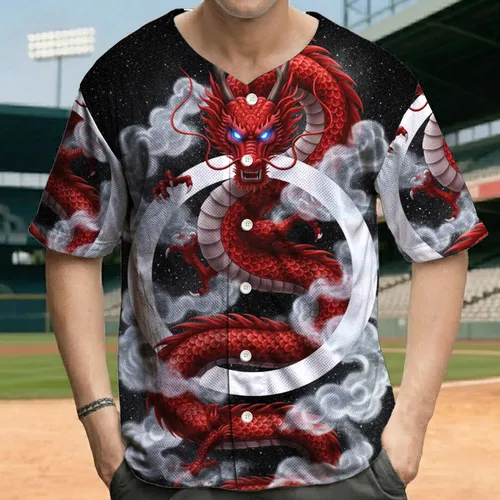 Red Chinese Dragon Sharp Claws Glowing Eyes White Ring Cosmic Starry Sky - Dragon Lover Gift Baseball Jersey