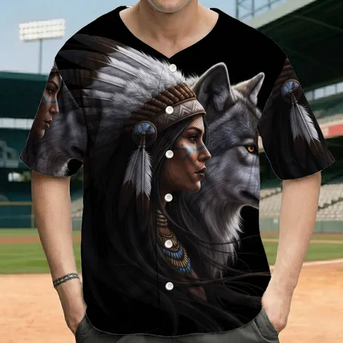 Indigenous Woman Wolf Portrait Feather Headdress - Wildlife Lover Gift Baseball Jersey