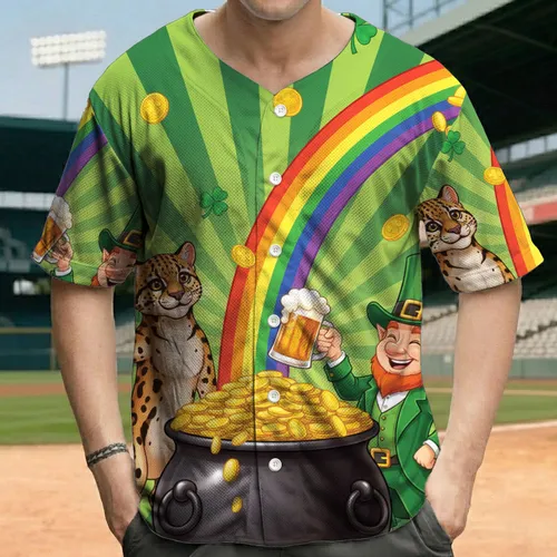 Pot of Gold Rainbow Cat Leprechaun Shamrocks - St. Patrick's Day Celebration Baseball Jersey
