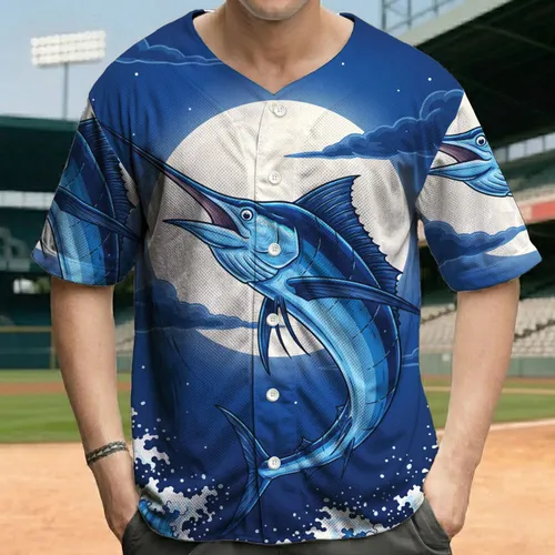 Leaping Blue Marlin Full Moon Starry Sky - Deep Sea Fishing Enthusiast Gift Baseball Jersey