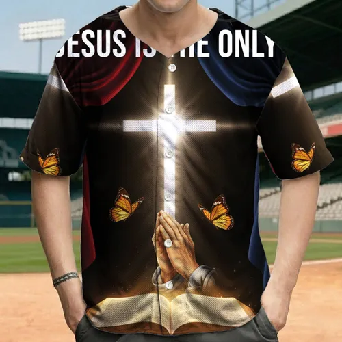 Jesus Cross Praying Hands Bible Butterflies Crown of Thorns - Christian Devotion Gift Baseball Jersey