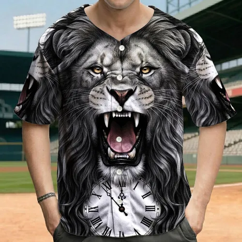 Roaring Lion Head Golden Eye Black Gray Mane Roman Numeral Clock - Wildlife Lover Gift Baseball Jersey