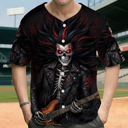 Grinning Skeleton Rocker with Fiery Spiky Hair Electric Guitar - Heavy Metal Fan Gift Baseball Jersey
