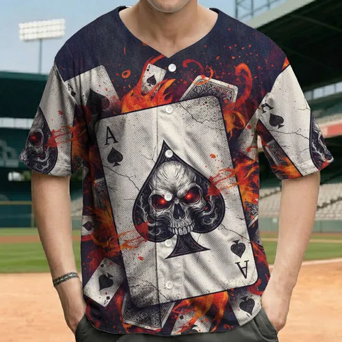 Ace of Spades Skull Playing Cards Flames - Card Game Enthusiast Gift Baseball Jersey