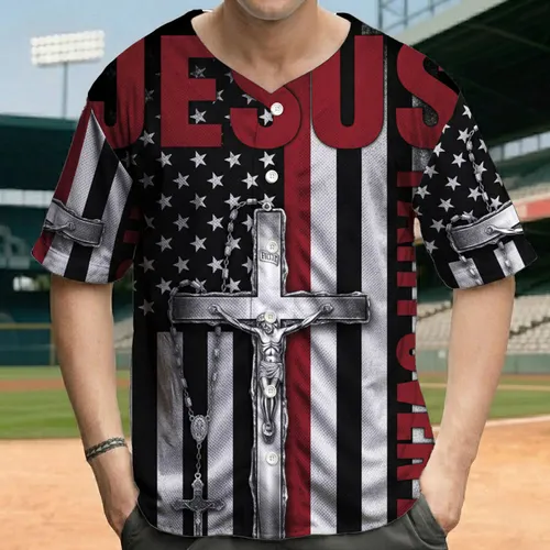 American Flag Cross Faith Over Fear - Patriotic Christian Gift Baseball Jersey