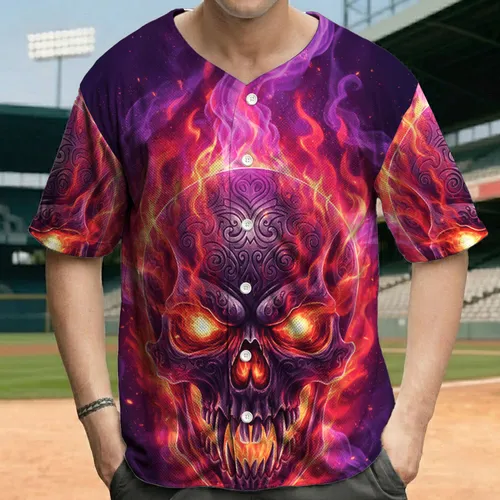 Ornate Skull Fiery Flames Glowing Eyes Jagged Teeth - Skull Collector Gift Baseball Jersey