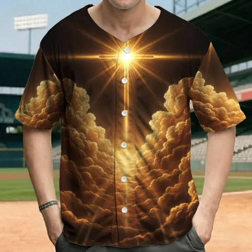 Majestic Golden Cross, Golden Clouds, Night Sky - Spiritual Lifestyle Gift for Believers Baseball Jersey