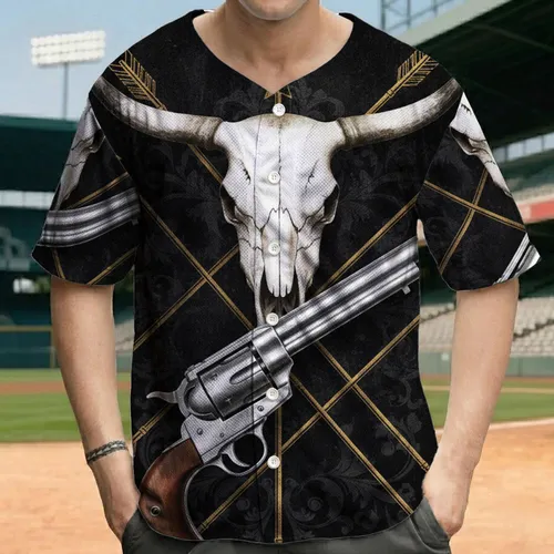 Silver Revolver Longhorn Skull Western Arrows - Cowboy Lifestyle Gift for Western Lover Baseball Jersey