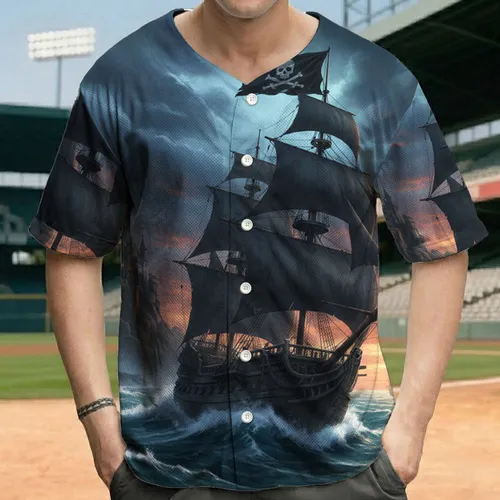 Pirate Galleon Skull Flag Gothic Castle Seascape - Ocean Lover Gift Baseball Jersey