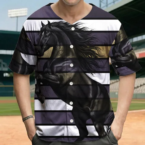 Black Horse Rearing Flowing Mane Tail Purple Gold White Stripes - Horse Lover Gift Baseball Jersey