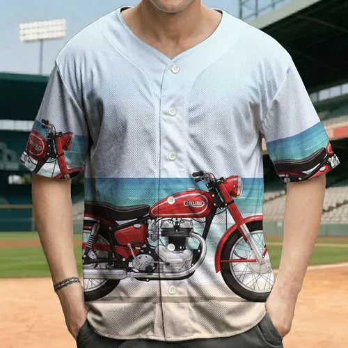 Red Motorcycle Sandy Beach Ocean Sky - Travel Gift for Riders Baseball Jersey