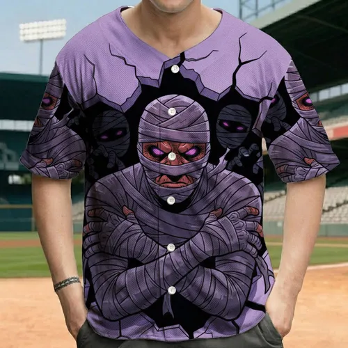 Mummy Emerging Cracked Wall with Glowing Purple Eyes Halloween Party - Horror Fan Gift Baseball Jersey