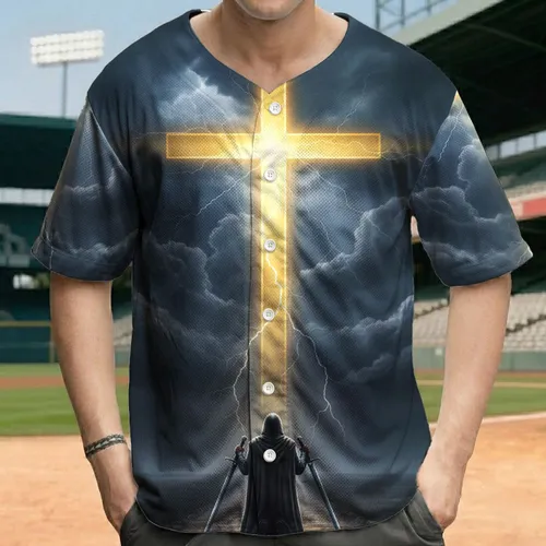 Warrior Swords Cross Stormy Sky - Faithful Journey Spiritual Strength Baseball Jersey