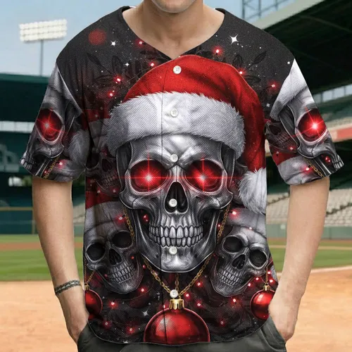 Metallic Silver Skull Santa Hat Glowing Eyes Leafy Snowflakes - Holiday Gift Baseball Jersey