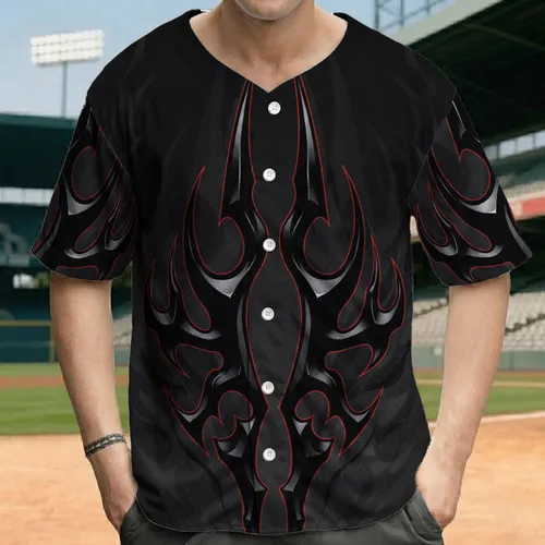 Sleek Dark Glossy Reflective Organic Tribal Flame - Edgy Fashion Statement Baseball Jersey