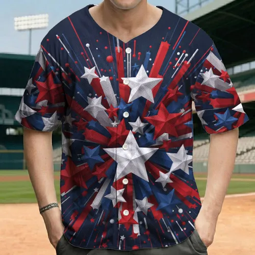 Red White Blue Star Burst Streaks Spheres Independence Day Gift for Veterans Baseball Jersey