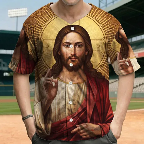 Jesus Christ Golden Halo Baroque Scrollwork - Spiritual Faith Gift for Believers Baseball Jersey