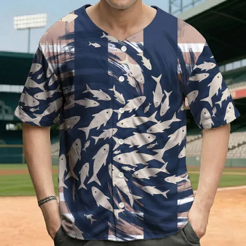 Swimming Fish Flowing Waves Distressed Rectangles Stripes - Ocean Lover Gift Baseball Jersey
