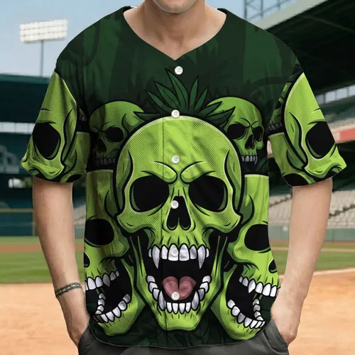 Eerie Lime Green Skulls Jungle Leaves - Halloween Party Gift for Skull Lovers Baseball Jersey