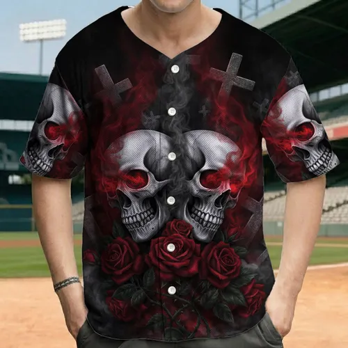 Human Skulls Red Eyes Deep Red Roses Latin Crosses Ethereal Smoke - Gothic Lover Gift Baseball Jersey