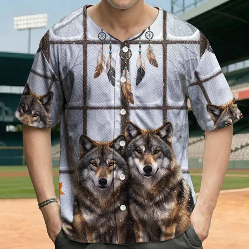 Wolves Snow Window Winter Forest Dreamcatcher Autumn Leaves - Wildlife Lover Gift Baseball Jersey