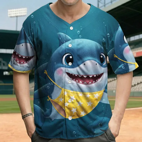 Big Eyes Baby Shark Yellow Star Pouch Deep Ocean - Everyday Water Lover Gift for Kids Baseball Jersey