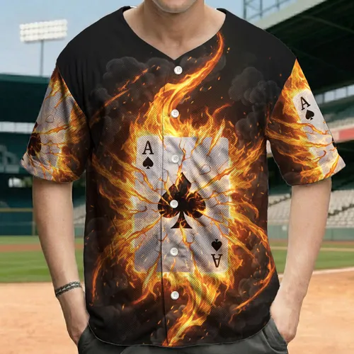 Ace of Spades Playing Card Breaking Apart with Fire and Smoke - Card Game Enthusiast Gift Baseball Jersey