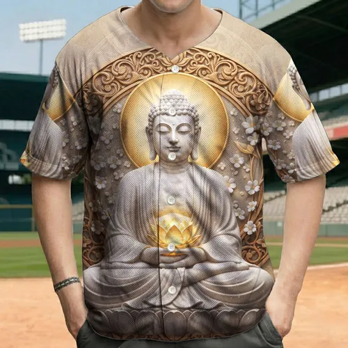 Serene Buddha Statue Golden Lotus Floral Mandala - Meditation Gift for Yoga Lover Baseball Jersey