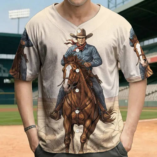 Cowboy Galloping Horse Desert Landscape with Sand and Rocky Hills - Western Lifestyle Gift Baseball Jersey