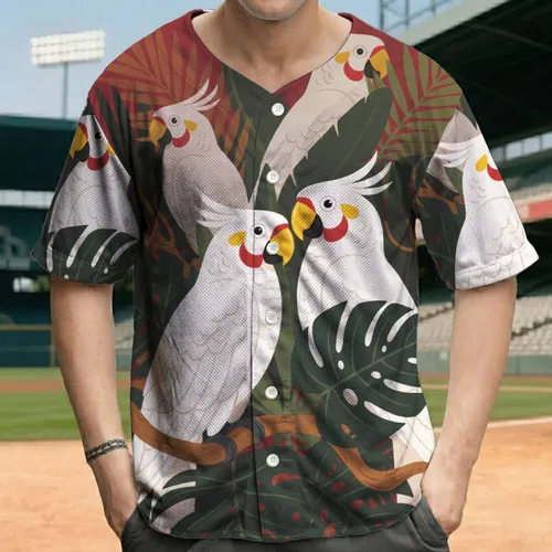 White Parrots Yellow Beaks Red Markings Lush Tropical Foliage - Island Vacation Wear Baseball Jersey