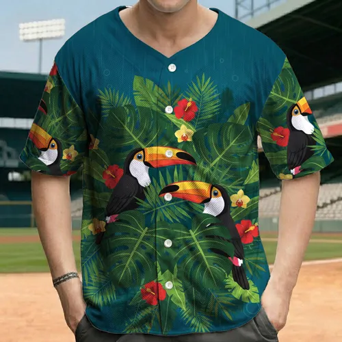 Toucans Monstera Leaves Jungle Foliage Tropical Flowers - Tropical Vacation Gift Baseball Jersey