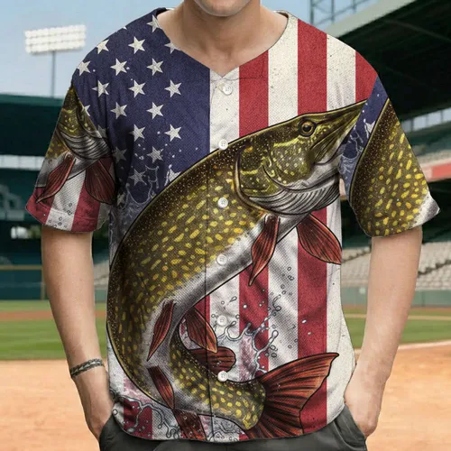 Pike Fish Leaping Distressed American Flag - Patriotic Independence Day Gift for Fishermen Baseball Jersey