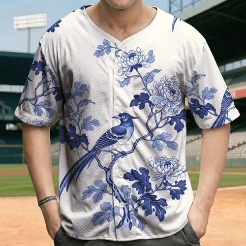 Blue White Porcelain Bird Chrysanthemum Floral Branch - Wildlife Lover Gift Baseball Jersey