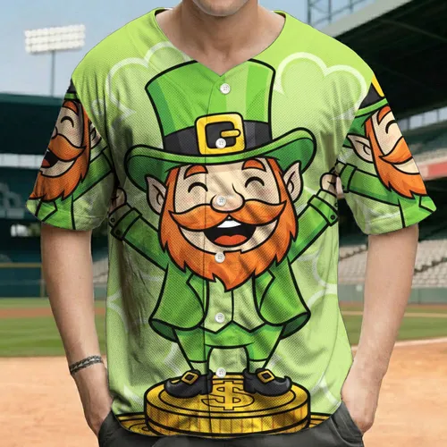 Triumphant Leprechaun Gold Coins Shamrock - St. Patrick's Day Celebration Baseball Jersey