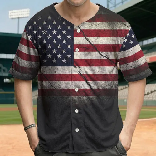 Heavily Distressed Shattered American Flag Independence Day Celebration Gift for Veterans Baseball Jersey