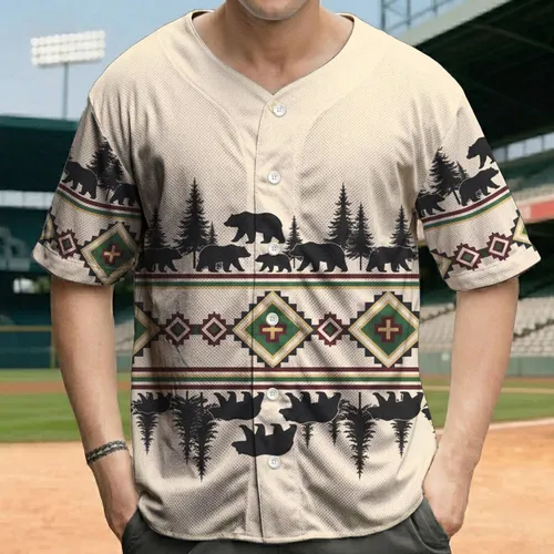Diamond Square Triangle Tribal Bear Pine Trees - Everyday Wildlife Lover Gift Baseball Jersey